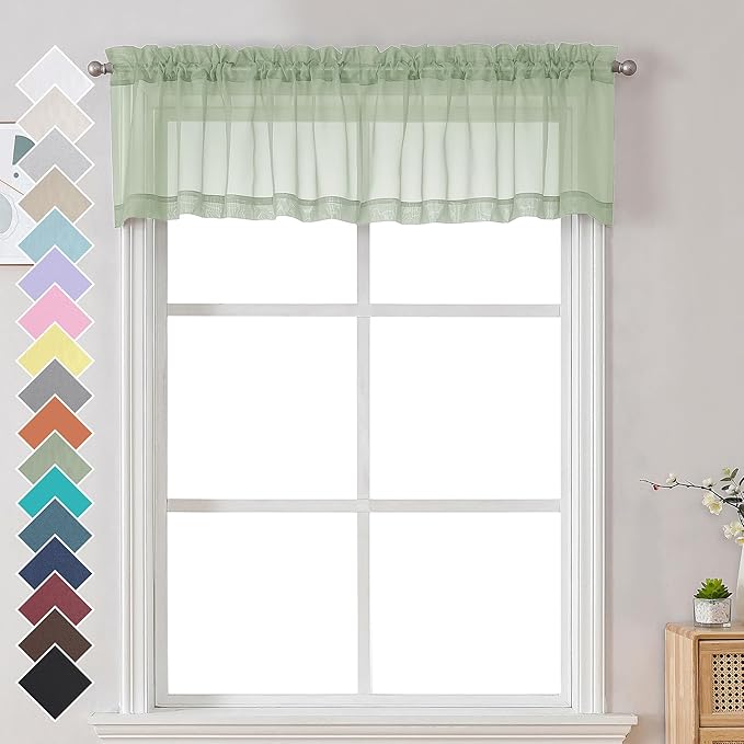 Chyhomenyc Light Green Sheer Valances for Windows 2 Pack, Small Window Curtains for Living Room Bathroom Cafe Laundry Basement, Modern Top Dual Rod Pocket Voile Curtain, 42W x 14L inches