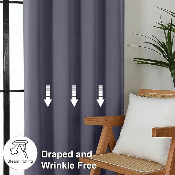 Simplebrand Ava Blackout Curtains for Patio 108 Inches Long 2 Panels Set, Solid Thermal Insulated Room Darkening Rod Pocket Window Treatment Curtains Blackout Drapes, W50 x L108 Inch, Greyish Purple