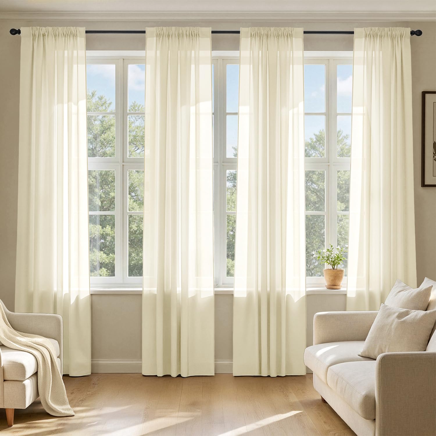 MIULEE Light Cream Sheer Curtains 90 Inches Long 4 Panels 42 x 90 Inches