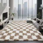 Checkered Area Rugs for Living Room 6x9, Fluffy Beige and White Checkered Rug Fuzzy Shag Shaggy Carpets for Bedroom, Soft Plush Furry Rug for Boy Girls Room Dorm Home Decor