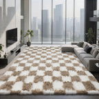 Checkered Area Rugs for Living Room 6x9, Fluffy Beige and White Checkered Rug Fuzzy Shag Shaggy Carpets for Bedroom, Soft Plush Furry Rug for Teen Room Dorm Home Decor