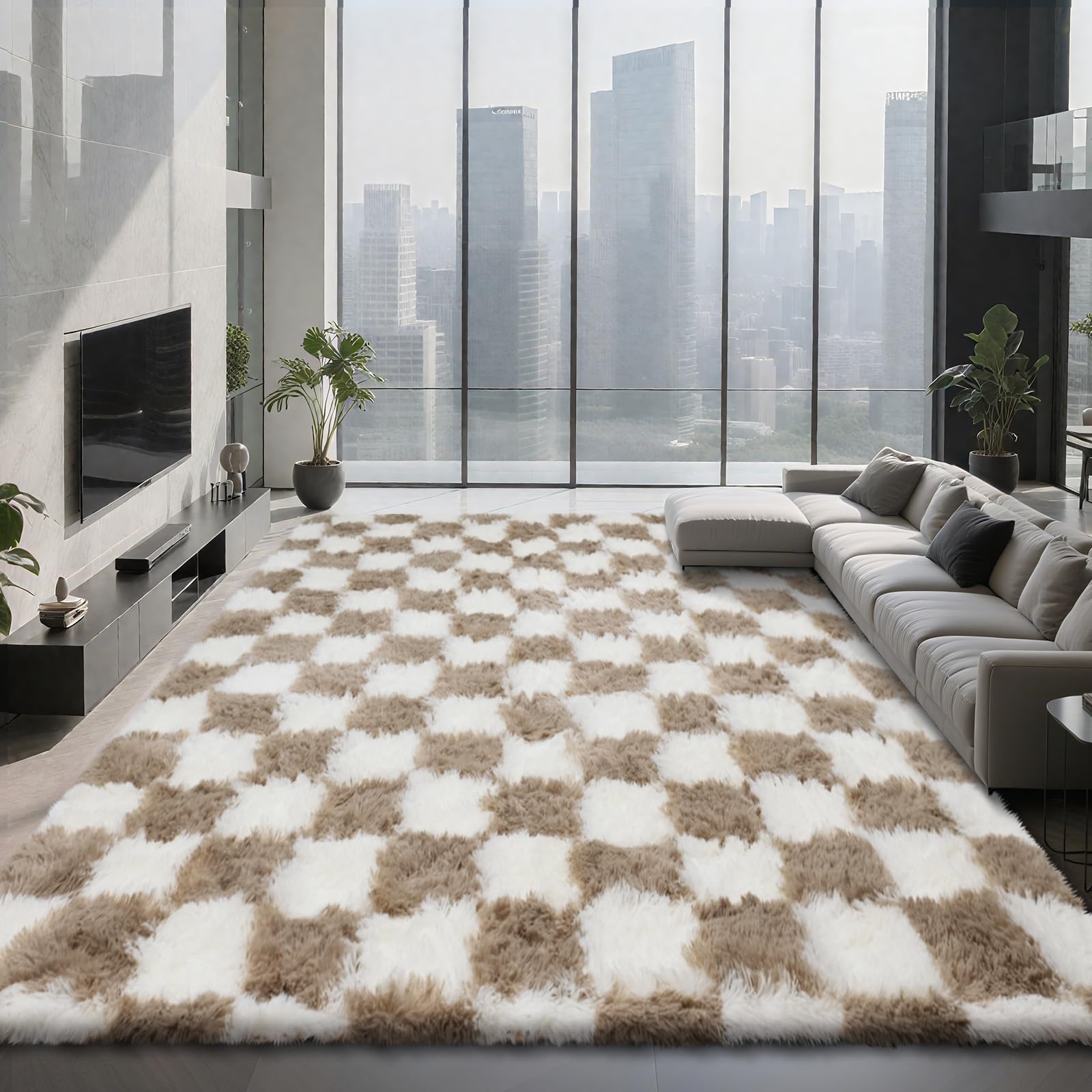 Checkered Area Rugs for Living Room 6x9, Fluffy Beige and White Checkered Rug Fuzzy Shag Shaggy Carpets for Bedroom, Soft Plush Furry Rug for Teen Room Dorm Home Decor
