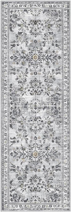 Yamaziot Washable Runner Rug 2x6 – Non Slip Boho Floral Hallway Runner Rug with Rubber Backing, Low Pile Faux Wool Distressed Carpet for Kitchen, Laundry, Bedroom, Entrance, Gray