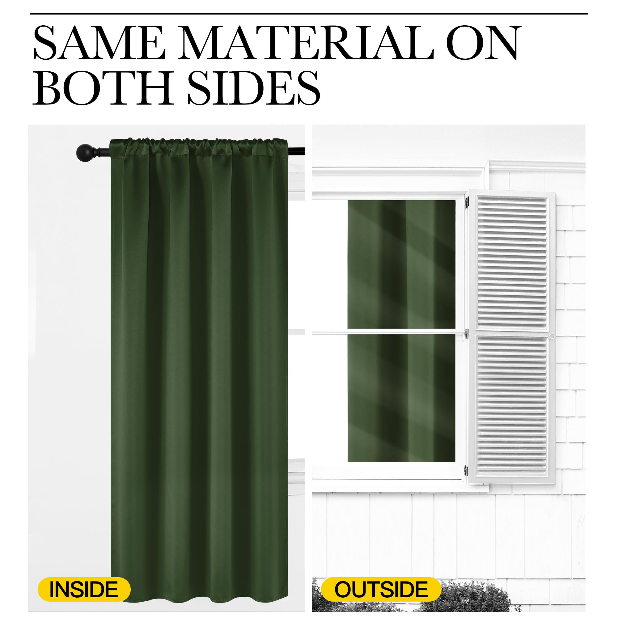 NICETOWN Dark Green Blackout Cafe Satin Curtains for Small Windows, 42" Wide by 63" Long, 2 Panels, Rod Pocket Noise Reducing Faux Silk Blackout Drapes for Dining Room