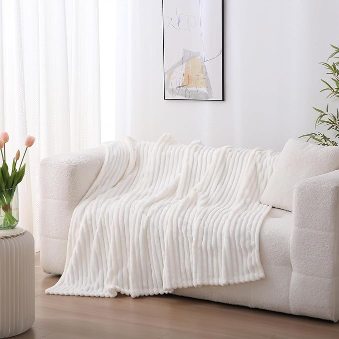 Cream White Fleece Throw Blanket 50”×60” for Couch Sofa Bed,Super Soft Cozy Plush Microfiber Flannel Blanket with Stripes Design Lightweight for Adults,Woman,Girls