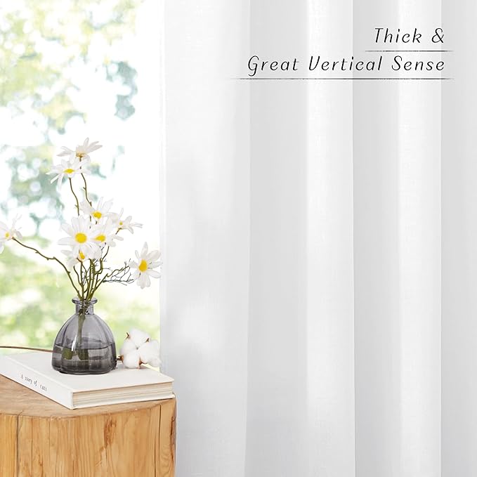 NICETOWN White Linen Curtains 96 inches Long, Grommet Thick Linen Flax Drapes Privacy Added with Light Filtering Room Divider Drapes for Bedroom/Sliding Door, W68 x L96, 2 Panels