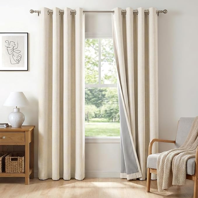 Linen Textured Total Blackout Curtains 84 Inches Long, Butter Cream