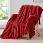 BEDELITE Fleece Throw Blanket for Couch - 300GSM Soft & Warm Fluffy Burgundy Blanket, Decorative and Giftable Striped Blankets for Women, Men, 50"x60"