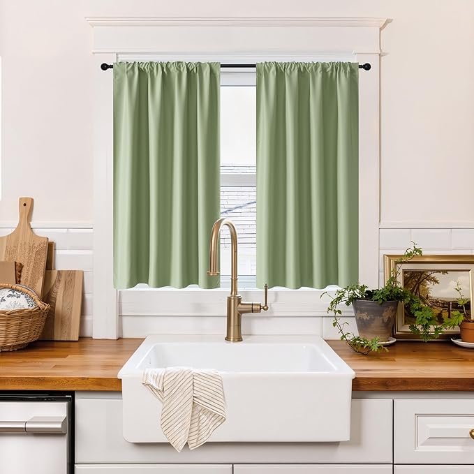 RYB HOME 100% Blackout Short Curtains for Small Window, Thermal Insulated Total Room Darkening Noise Reducing Curtains for Basement Bathroom RV Cars, 29 inches Wide by 36 inches Long, Sage Green