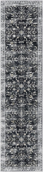 Yamaziot Washable Runner Rug 2x8 – Non Slip Boho Floral Hallway Runner Rug with Rubber Backing, Low Pile Faux Wool Distressed Carpet for Kitchen, Laundry, Bedroom, Entrance, Navy/Black