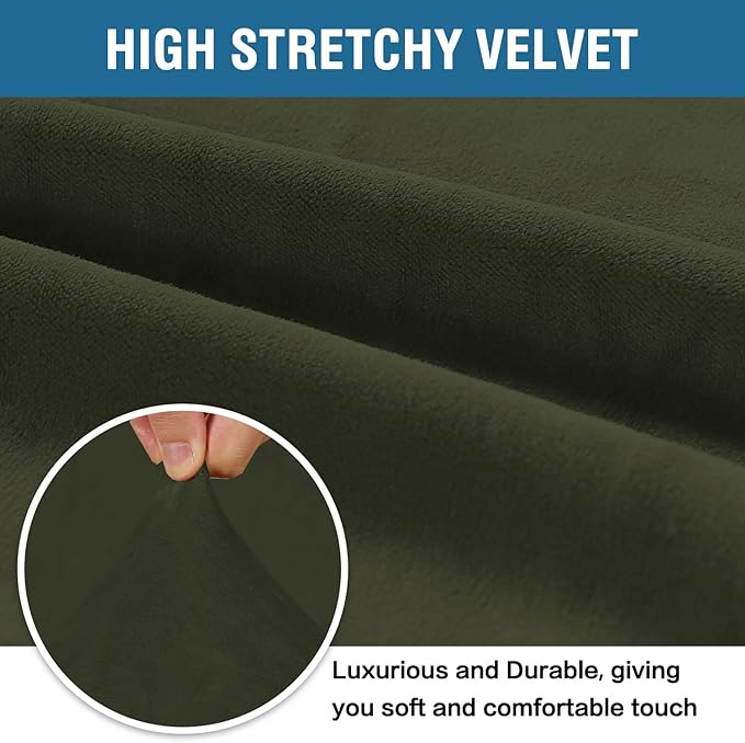 H.VERSAILTEX Stretch Velvet Sofa Covers for 3 Cushion Couch Covers Furniture Protector Soft with Non Slip Elastic Bottom, Crafted from Thick Comfy Rich Velour (Large Sofa 90"-97", Olive)