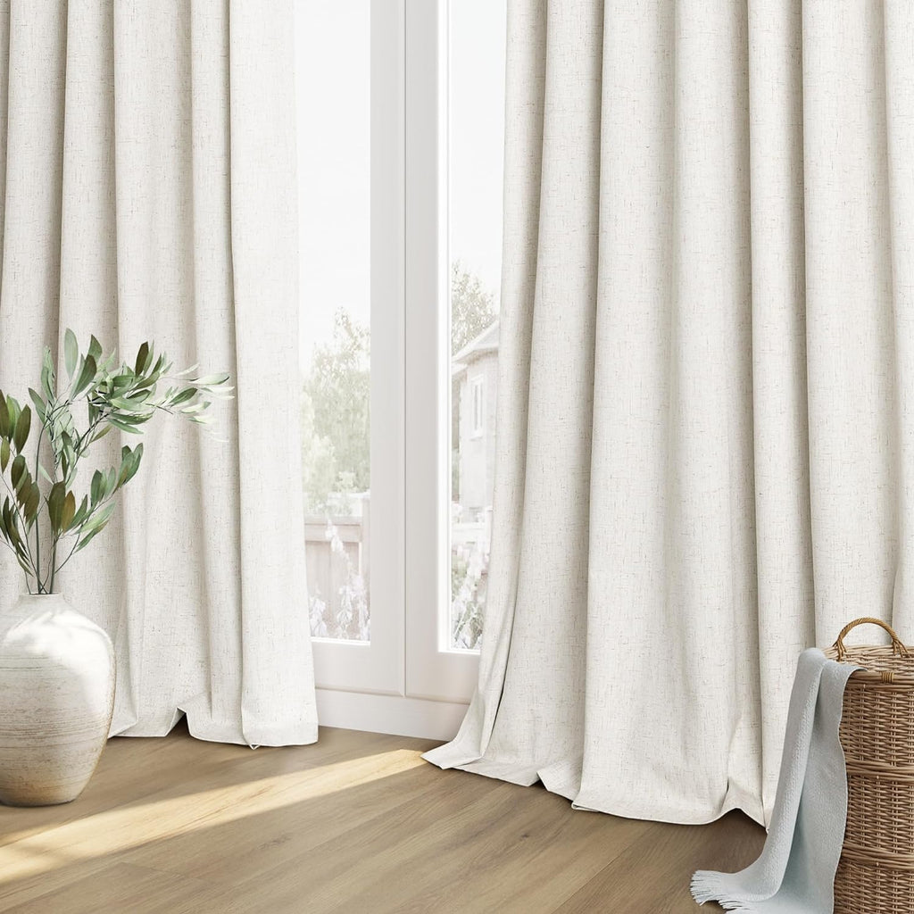 Extra Long 100% Blackout Linen Curtains for Bedroom 148 Inches Long Natural Cream Black Out Curtain Back Tab Thermal Insulated Room Darkening Window Drapes for Living Room 2 Panels Beige Ivory 52x148