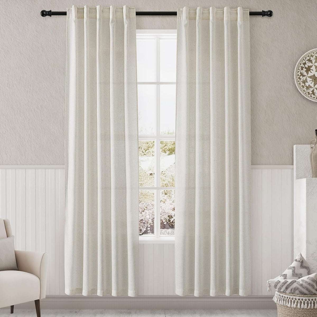 Nanspring Cream Linen Curtains 84 inch Length 2 Panels forBedroom Living Room,Modern Boho Curtains Semi Sheer Back Tab and Rod Pocket Neutral Drapes for Coffee, 34 x 84 Inch