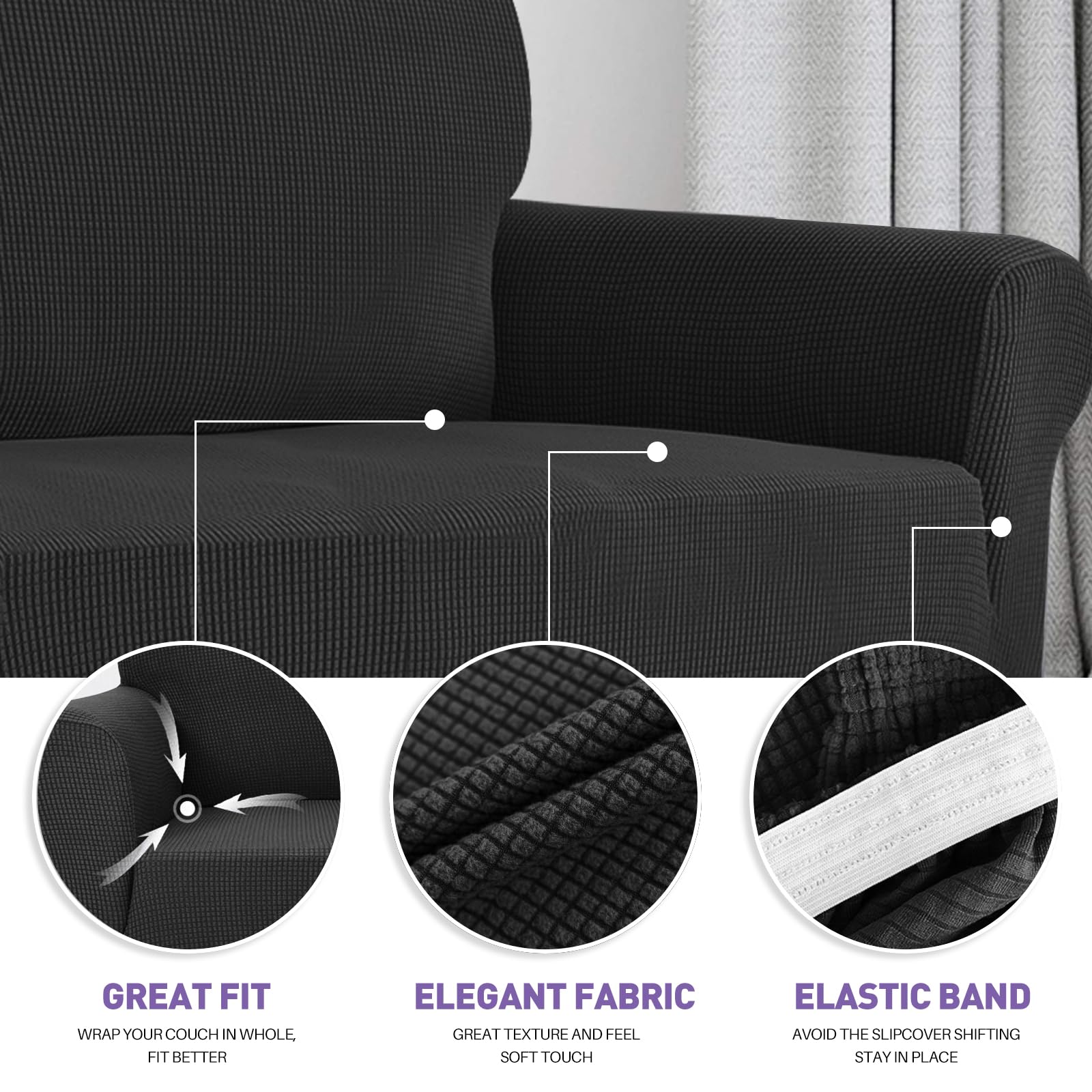 ZNSAYOTX Super Stretch Couch Cover (72"-92") Universal Sofa Covers with Elastic Bottom, Dog Cat Pets Friendly Washable Furniture Protector Fitted Sofa Slipcovers Stay in Place (Black, Sofa)