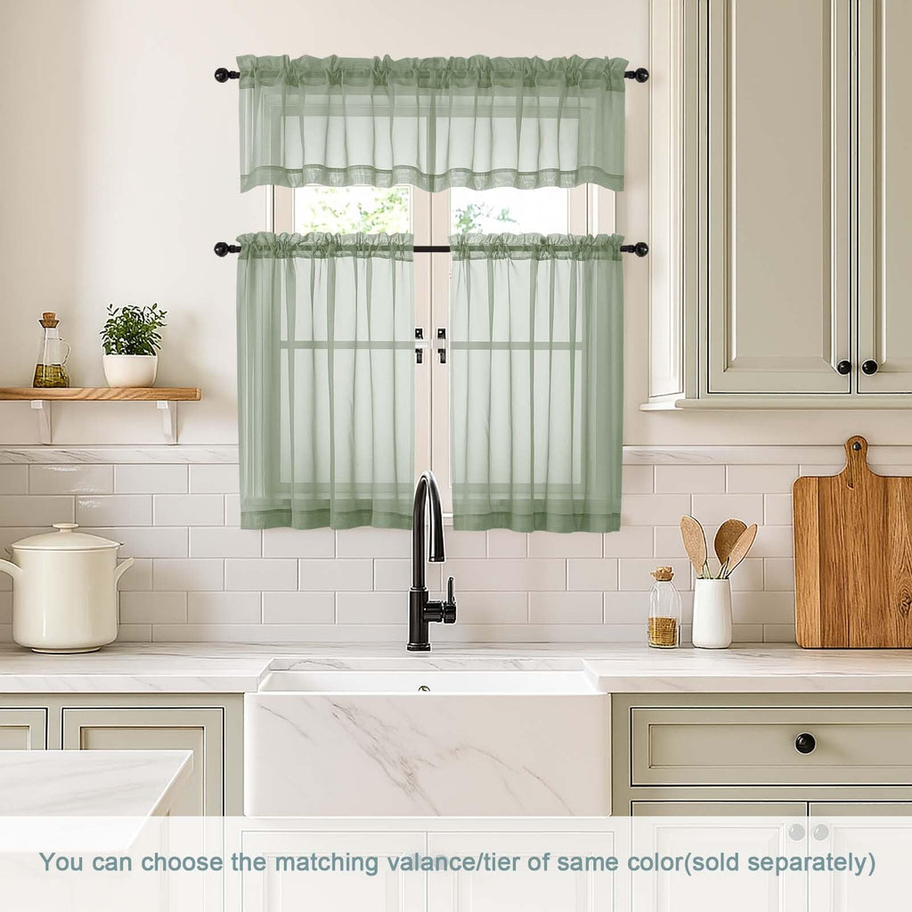 Ebesto Sage Green Small Sheer Curtains Tier 24 Inches Length 2 Pieces, Light Filtering Cafe Curtains for Living Room Bathroom, Modern Window Treatments Dual Rod Pocket Panels, 2X42Wx24L Inches