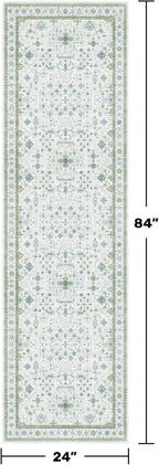 Hazo Haus Boho Bathroom Runner 2x7 - Cream Green Oushak Floral Turkish, Washable Low Pile Non Slip Stain Resistant Small Accent Rug for Kitchen, Hallway
