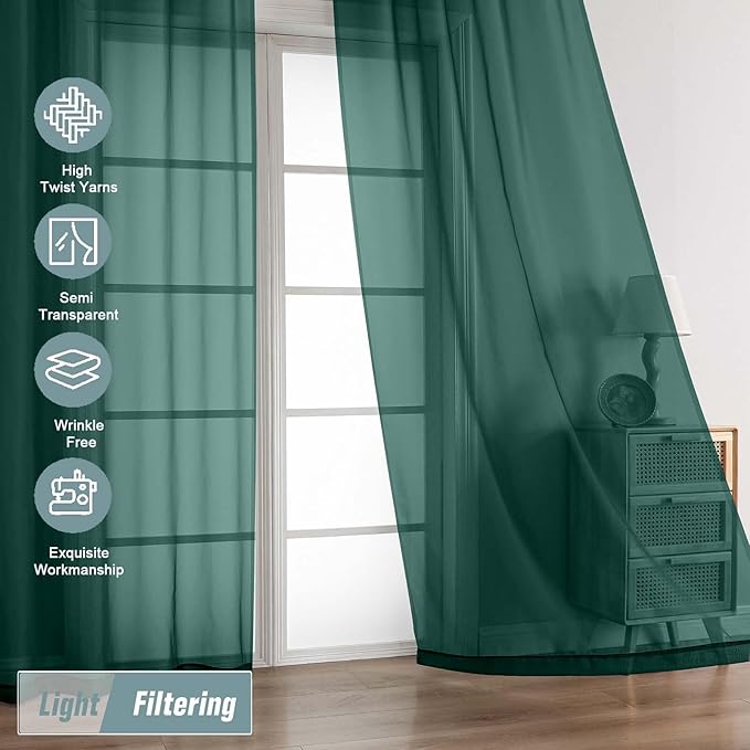 Ebesto Green Sheer Curtains 84 Inches Long 2 Panels, Elegant Airy Transparent Light Filtering Window Curtains, Window Drapes for Christmas, Top Dual Rod Pocket Design, Hunter Green, 2x42Wx84L Inches