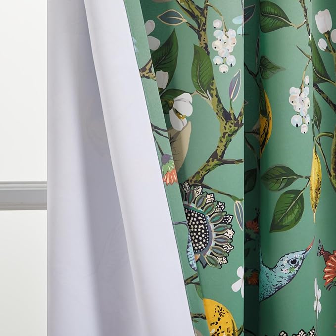 Topfinel Vintage Cottagecore Chinoiserie Curtains & Drapes Botanical Floral Flower Lemon Hummingbird Patterned Sage Green Pioneer Woman Blackout Curtains 96 Inches Long 2 Panels Living Dining Room