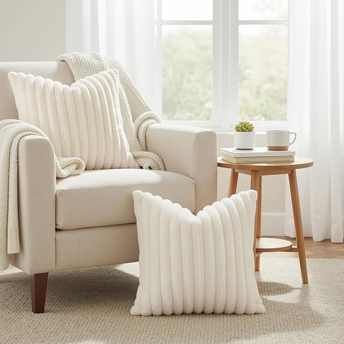 decorUhome Fall Faux Fur Throw Pillow Covers 18x18 Set of 2 Cream White