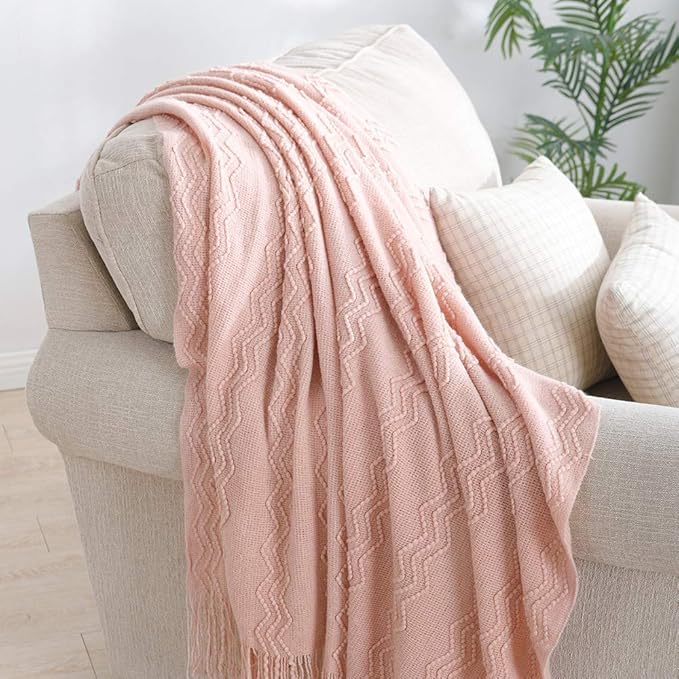 BOURINA Pink Throw Blanket 60x80 Inch Boho Knitted Soft Throw Sofa Blanket