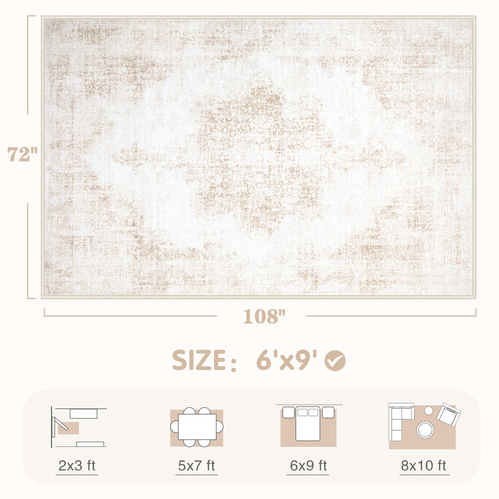 Area Rug 6x9 Vintage Rug: Washable Living Room Rugs Retro Medallion Distressed Large Rugs Soft Low Pile Non-Slip Indoor Floor Carpet for Bedroom Kitchen Nursery Dining Table Office (Beige, 6'x9')