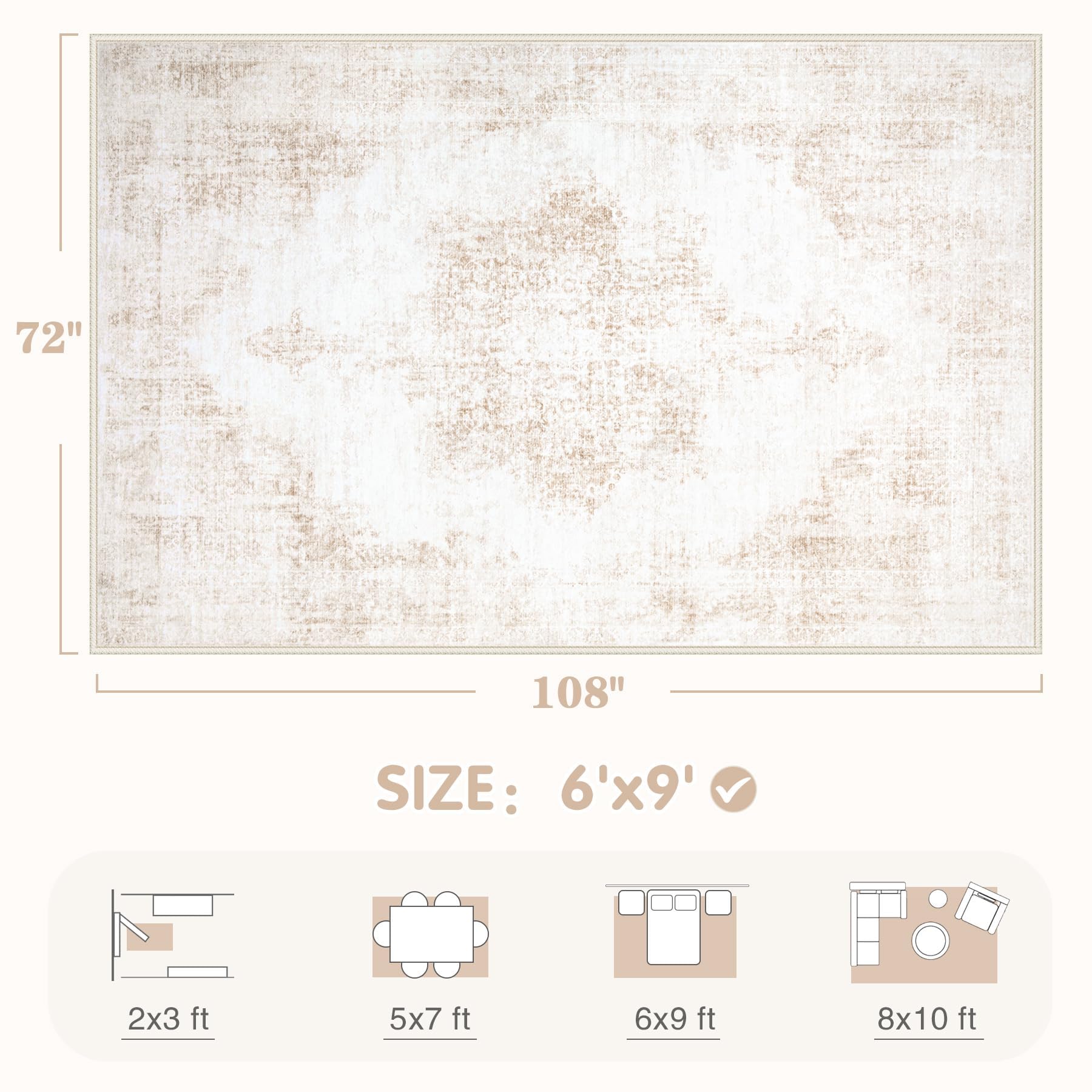 Area Rug 6x9 Vintage Rug: Washable Living Room Rugs Retro Medallion Distressed Large Rugs Soft Low Pile Non-Slip Indoor Floor Carpet for Bedroom Kitchen Nursery Dining Table Office (Beige, 6'x9')