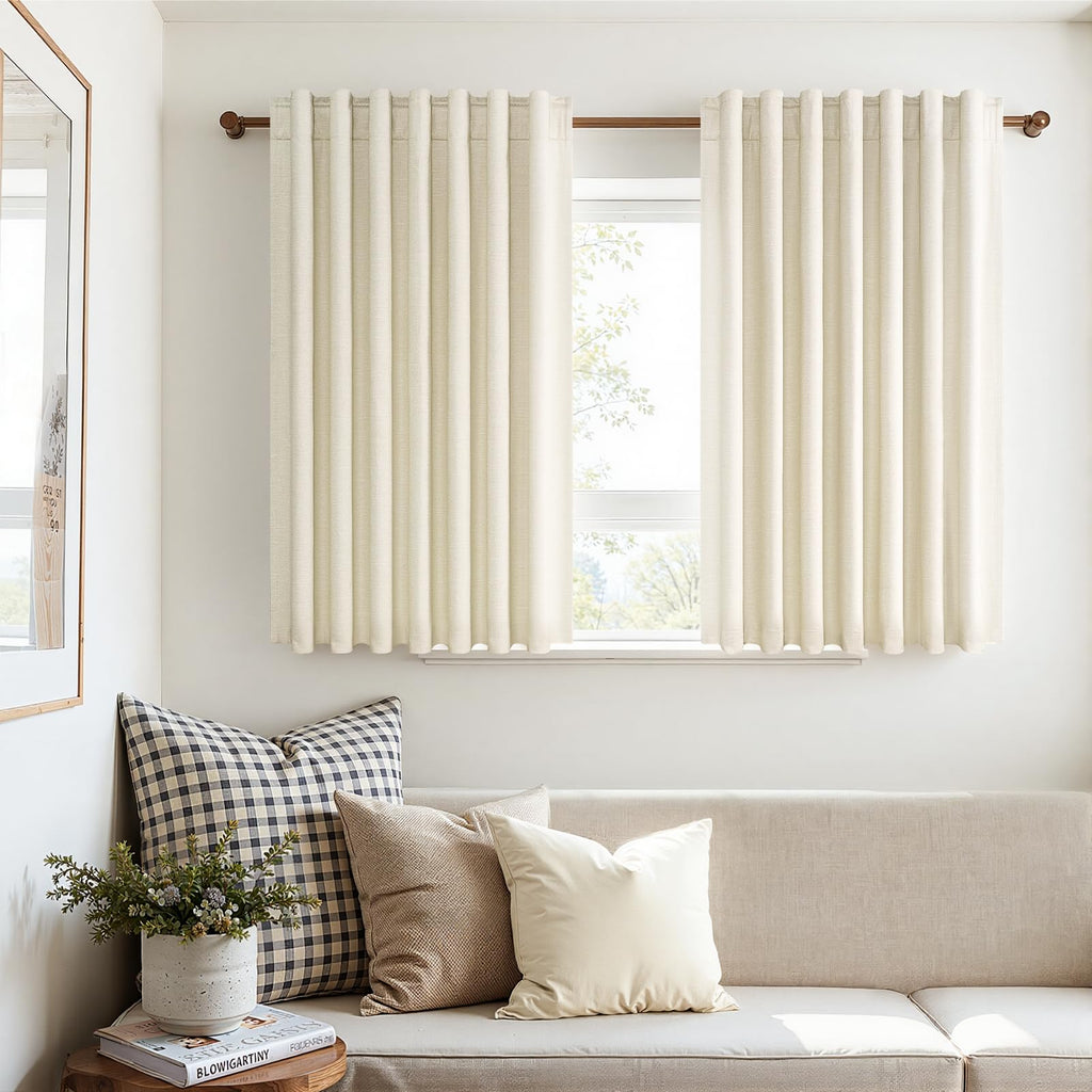 Topfinel 45 Inches Long Linen Blackout Curtains Tiers for Small Window 2 Panels Set Cream White Ivory Linen Short Drapes for Kitchen Bathroom Curtain Hook Belt Pleated Back Tab (W52 xL45)