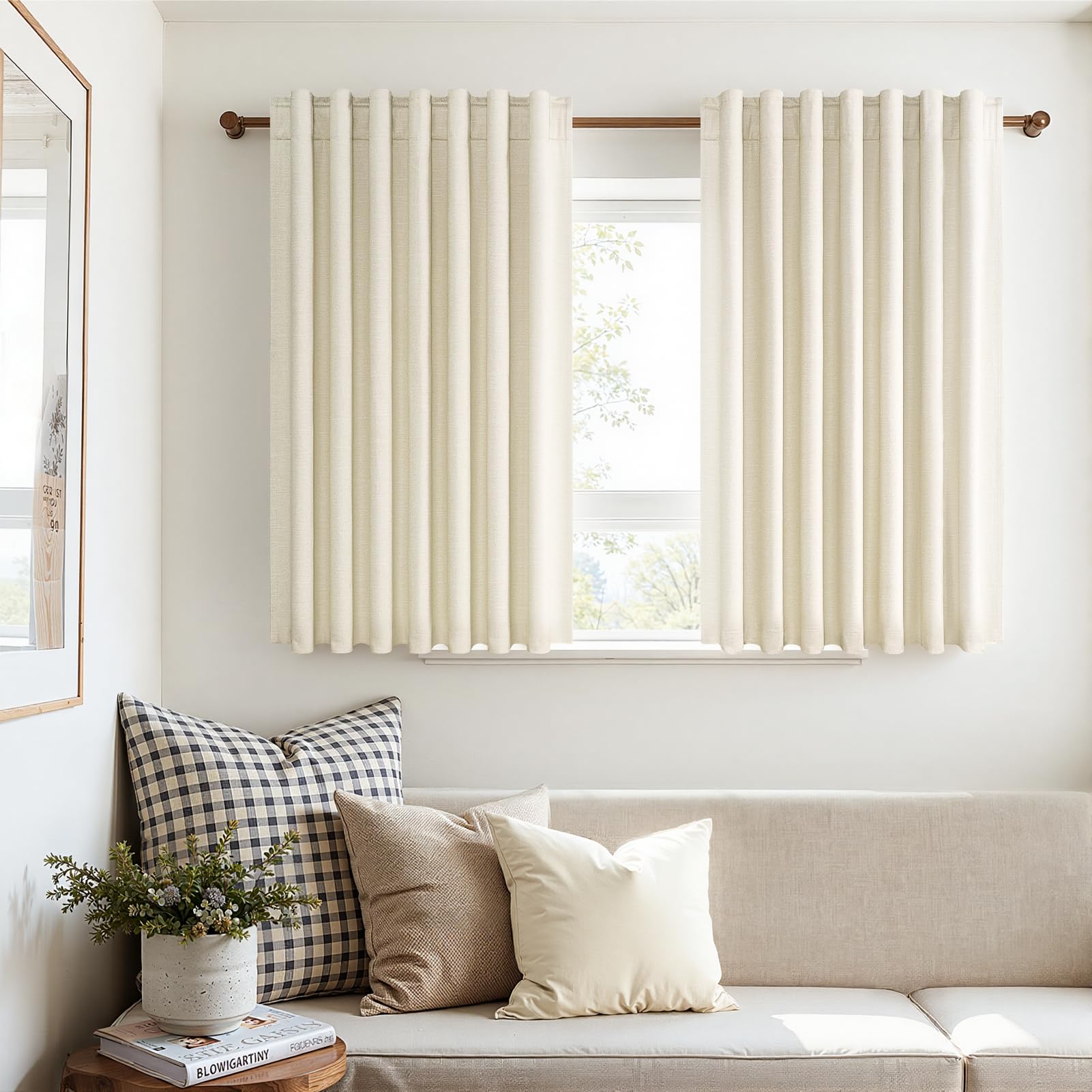 Topfinel 45 Inches Long Linen Blackout Curtains Tiers for Small Window 2 Panels Set Cream White Ivory Linen Short Drapes for Kitchen Bathroom Curtain Hook Belt Pleated Back Tab (W52 xL45)