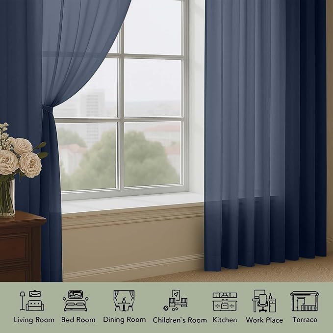 OWENIE Navy Blue Sheer Curtains 120 Inches Long 2 Panels Set, Airy Lightweight Sheer Navy Blue Curtain for Living Room Bedroom, Farmhouse Voile Filmy Rod Pocket Curtains Drapes, 2 Pcs, Each 59"Wx120"L