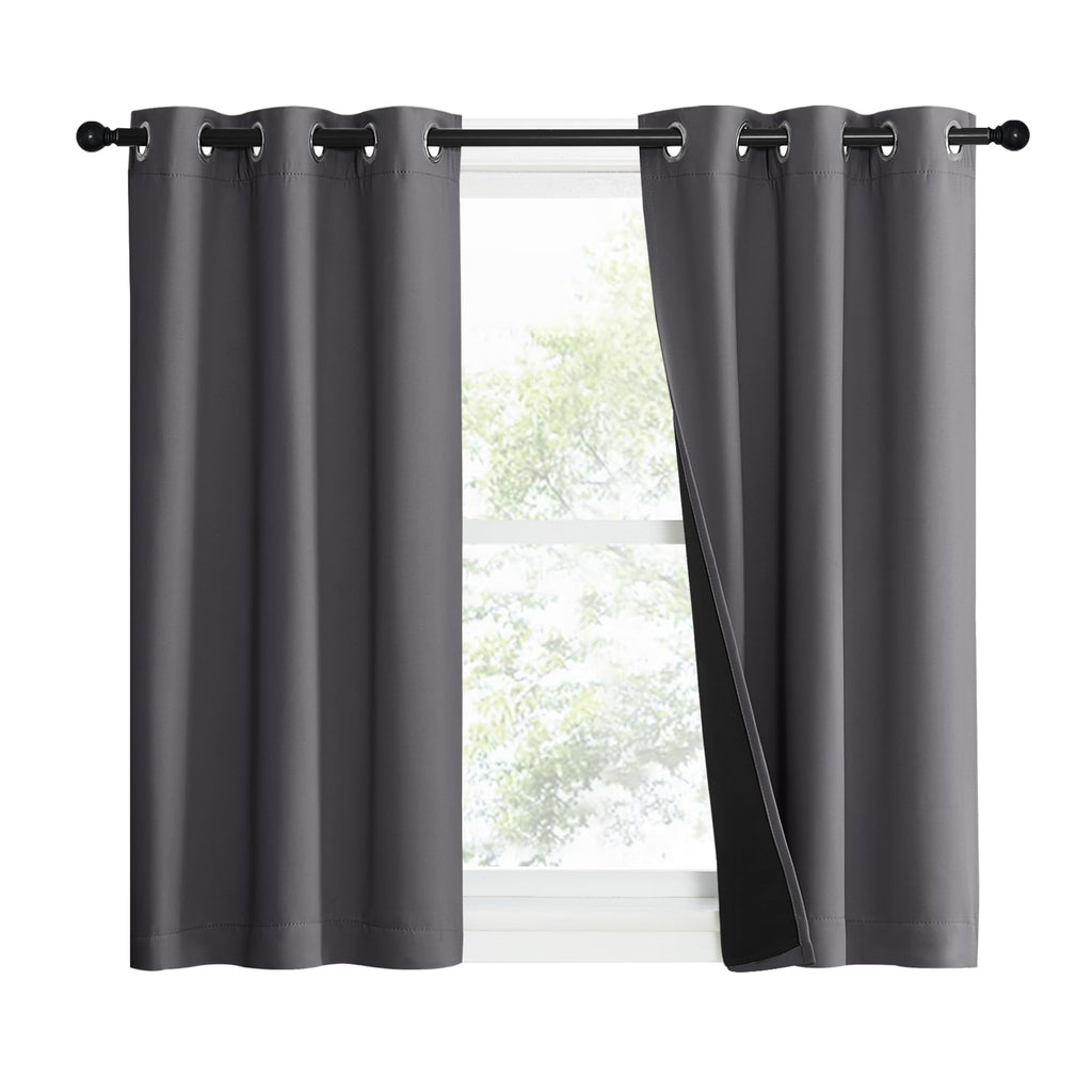 NICETOWN 100% Blackout Short Curtains with Black Liners, 2 Panels, 37" W by 40" L, Grey, Solid Thermal Insulated Full Blackout 2-Layer Lined Drapes, Energy Efficiency Window Draperies for Bedroom
