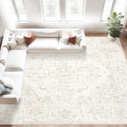 9x12 Area Rugs for Living Room:Washable Rug Vintage Large Rugs Soft Non Slip Low Pile Rug Floral Distressed Floor Carpet for Bedroom Dining Room Home Office (Beige,9'x12')