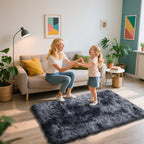 3x5 Area Rug for Bedroom, Tie-Dyed Black Fluffy Shag Rug Plush Carpet