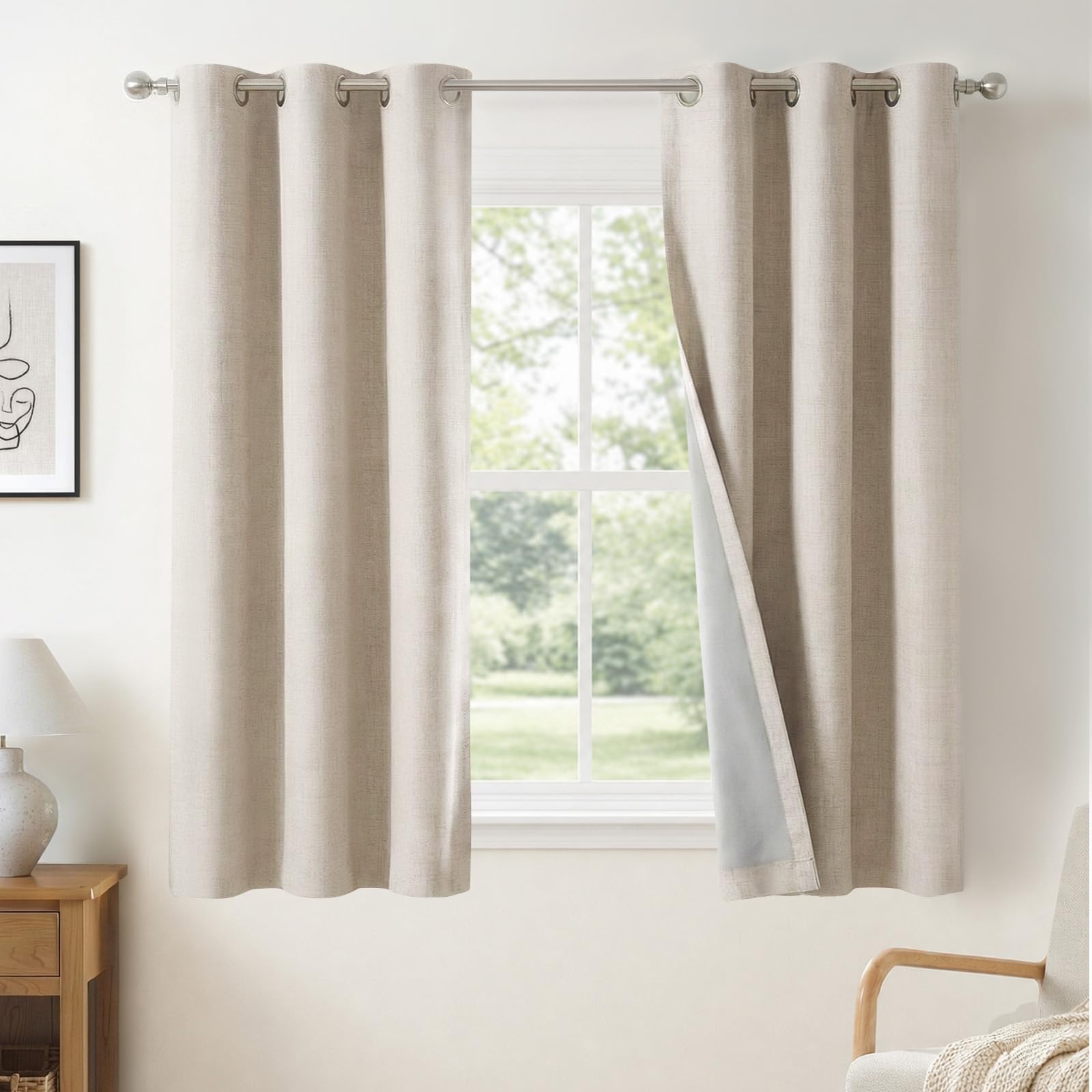 100% Blackout Linen Curtains 108 Inch Long 2 Panels Set, Oatmeal