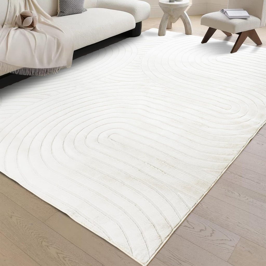 phonzenuo Cream Faux Rabbit 5x7 Fur Rug Faux Sheepskin Rug for Bedroom