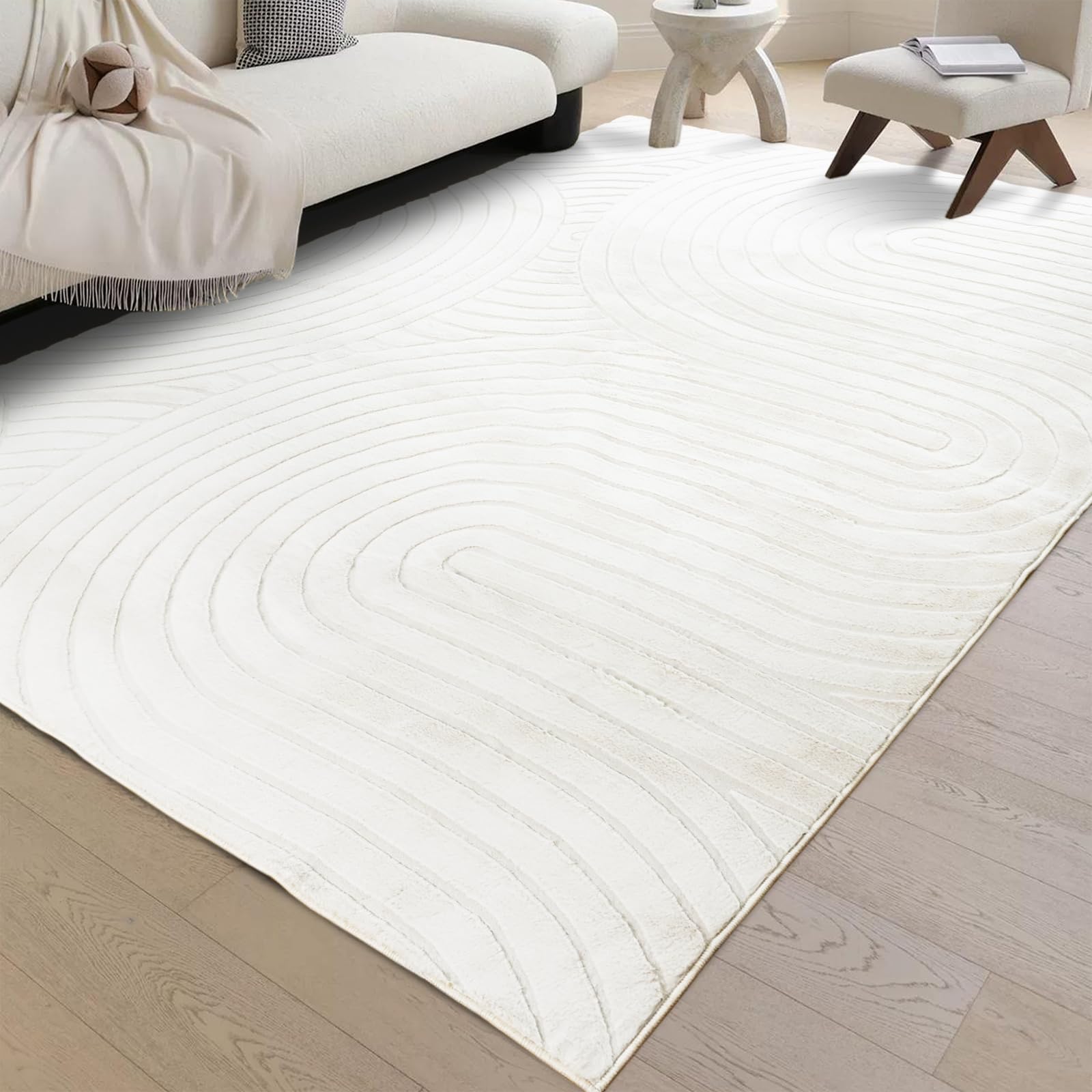 phonzenuo Cream Faux Rabbit 5x7 Fur Rug Faux Sheepskin Rug for Bedroom