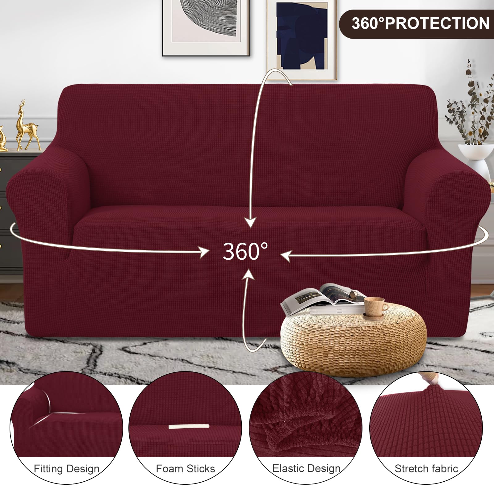 U-NICE HOME Loveseat Cover Stretch Couch Cover Sofa Slipcover, Burgundy