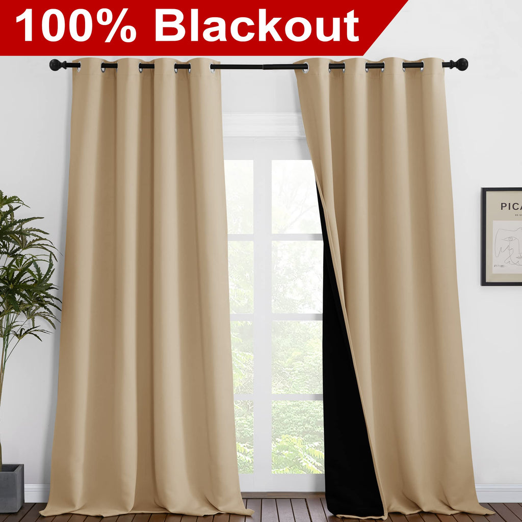 NICETOWN Thermal Insulated 100% Blackout Curtains, Noise Reducing Performance Drapes with Black Lining, Full Light Blocking Drapery Panels for Patio (Biscotti Beige, 1 Pair, 55 inches x 96 inches)