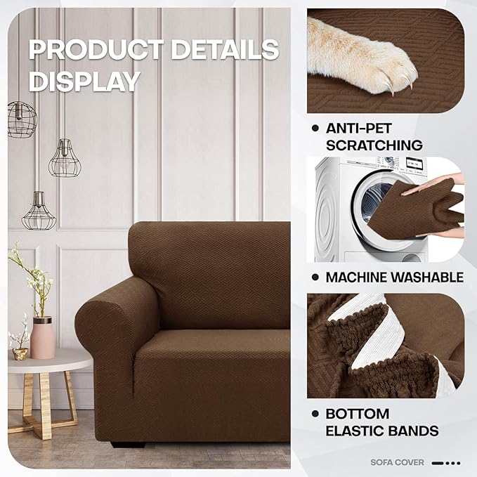 ZNSAYOTX 1 Piece Jacquard Couch Covers for 2 Cushion Couch High Stretch Loveseat Slipcover for Pets Dogs Anti Slip Love Seat Sofa Slipcover Furniture Protector (Medium, New Pattern Coffee)