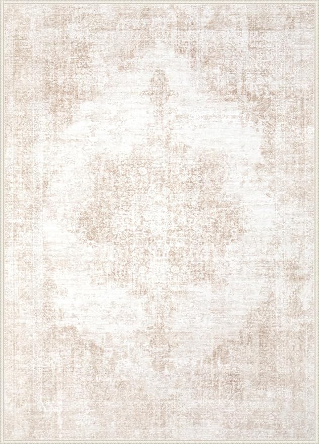 Area Rug 10x14 Vintage Rugs: Large Washable Living Room Rug Retro Medallion Distressed Soft Low Pile Non-Slip Rugs Indoor Floor Carpet for Bedroom Nursery Dining Table Office (Beige/Brown,10'x14')
