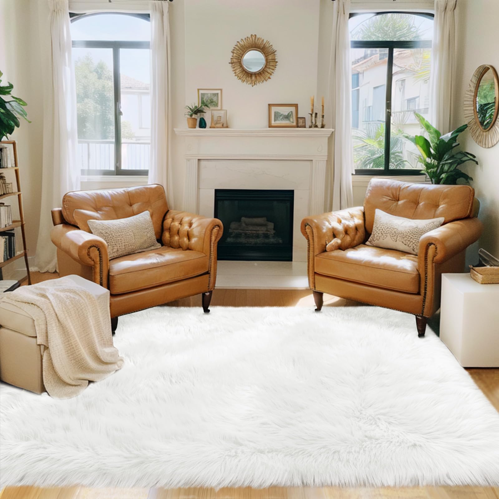 CIICOOL Faux Fur Rug White Fluffy Area Rugs for Bedroom, Thick Fuzzy Shag Rug Furry Bedside Nursery Rug for Living Room Plush Indoor Floor Carpet for Kids Room Teen Dorm, 3x5 ft