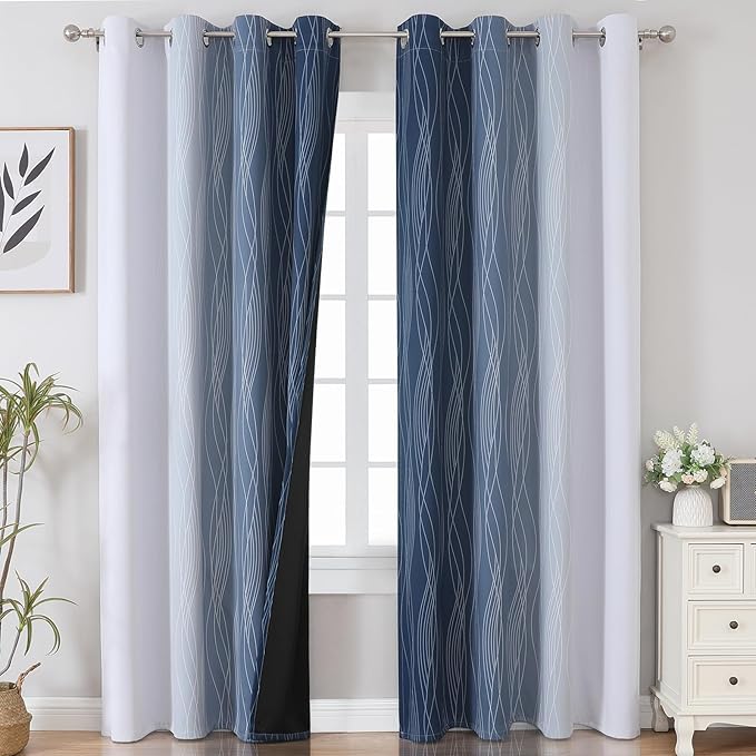 Navy Blue and Greyish White Blackout Curtains for Living Room 90 Inch Long