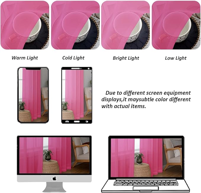 Chyhomenyc Hot Pink Sheer Curtains 72 Inch Length 2 Panels, Light Filtering Soft Airy Rod Pocket Voile Window Curtain Drapes for French Door Bedroom Living Room, Each 42Wx72L