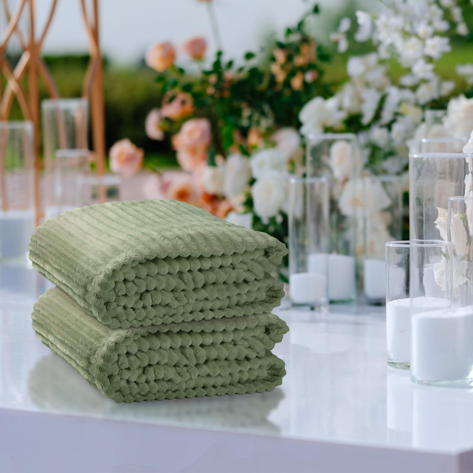 Buryeah 12 Pcs Flannel Throw Blanket Bulk 50 x 60 Inch Wedding Throw Blanket Soft Lightweight Winter Blankets with Striped Ribbed for Sofa Room Couch Donation Homeless Gifts (Sage Green)