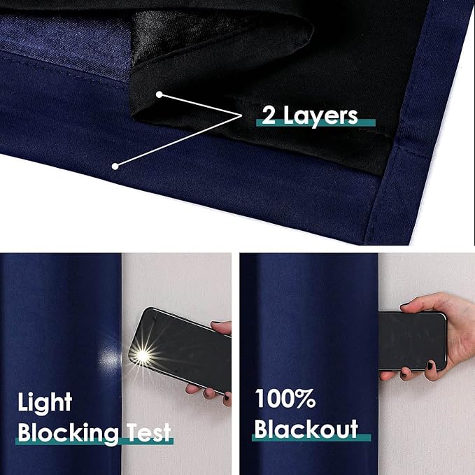ChrisDowa 100% Blackout Curtains for Bedroom with Black Liner, 2 Thick Layers Total Blackout Thermal Insulated Grommet Window Curtains 2 Panels Set (Navy Blue, 42 x 84 Inch)