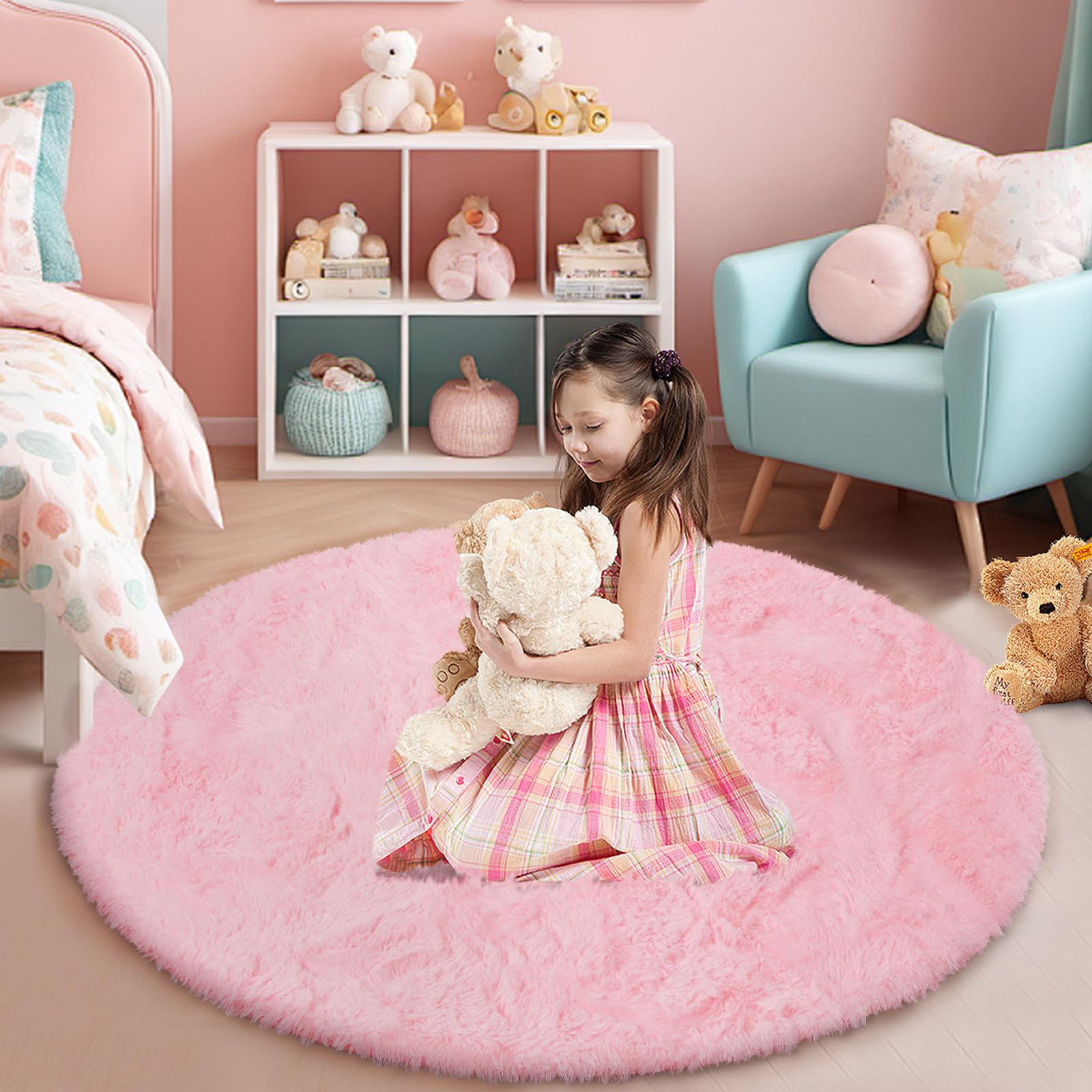 Pink Fluffy Round Area Rugs for Bedroom,3ft Shag Circle Small Area Rugs