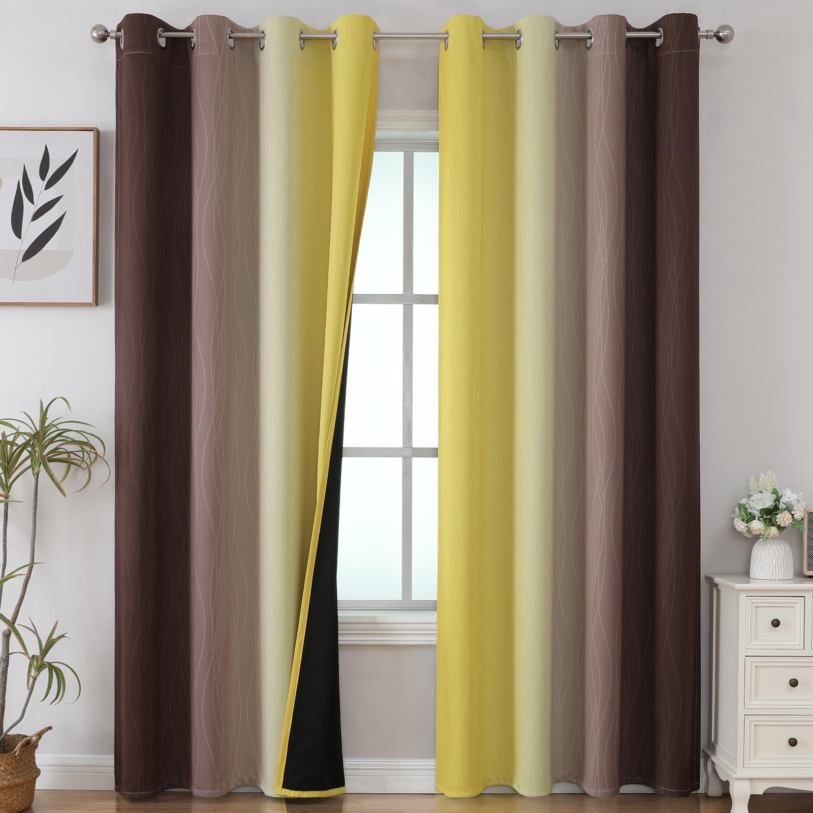 Estelar Textiler Brown and Yellow Blackout Curtains 52Wx96L Inch 2 Panels