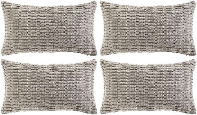 Fancy Homi 4 Packs Grey Decorative Throw Pillow Covers 12x20 Inch for Living Room Couch Bed, Rustic Modern Farmhouse Boho Home Decor, Soft Plush Corduroy Gray Cute Square Accent Cushion Case 30x50 cm
