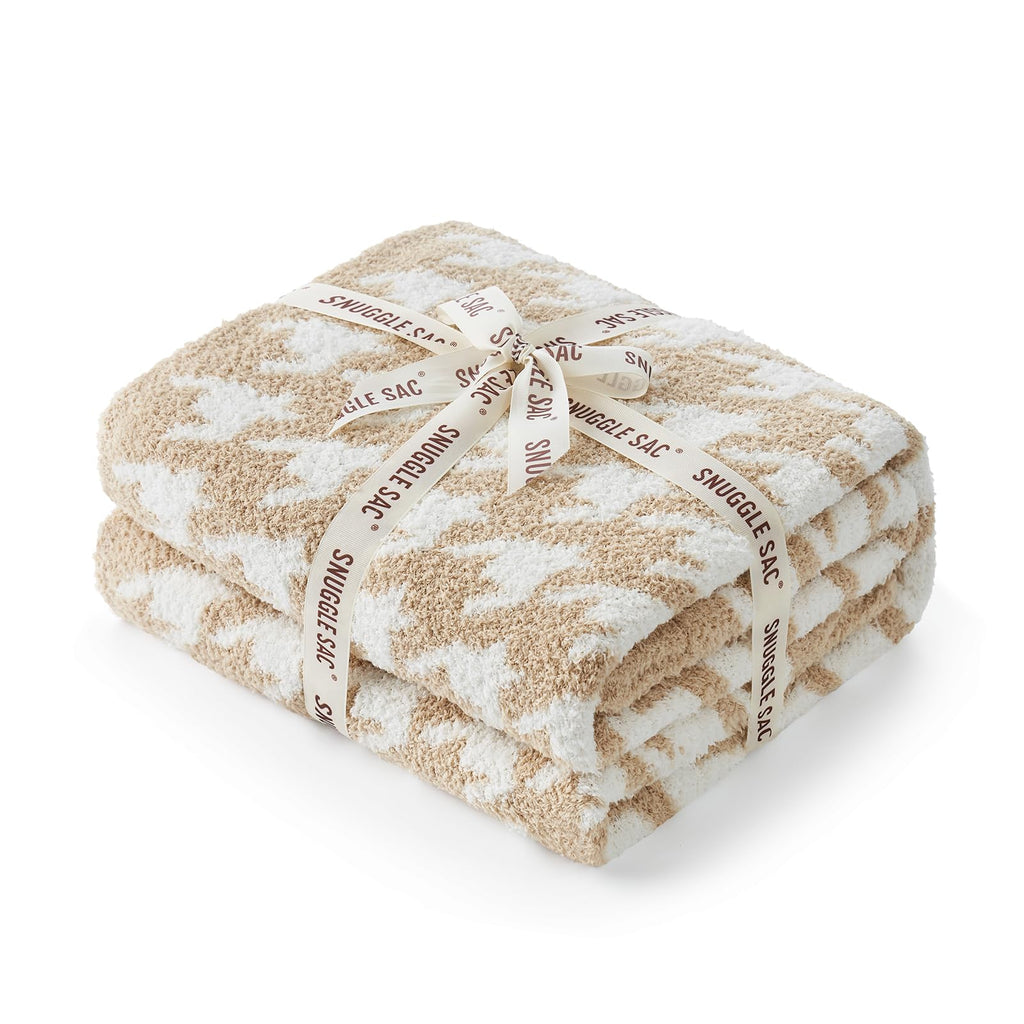 Snuggle Sac Throw Blanket for Couch, Reversible Super Soft Warm Blankets Cozy Knit Fuzzy Plush Lightweight Throws for Sofa, Bed, Camping,Houndstooth Beige,50x60 inches