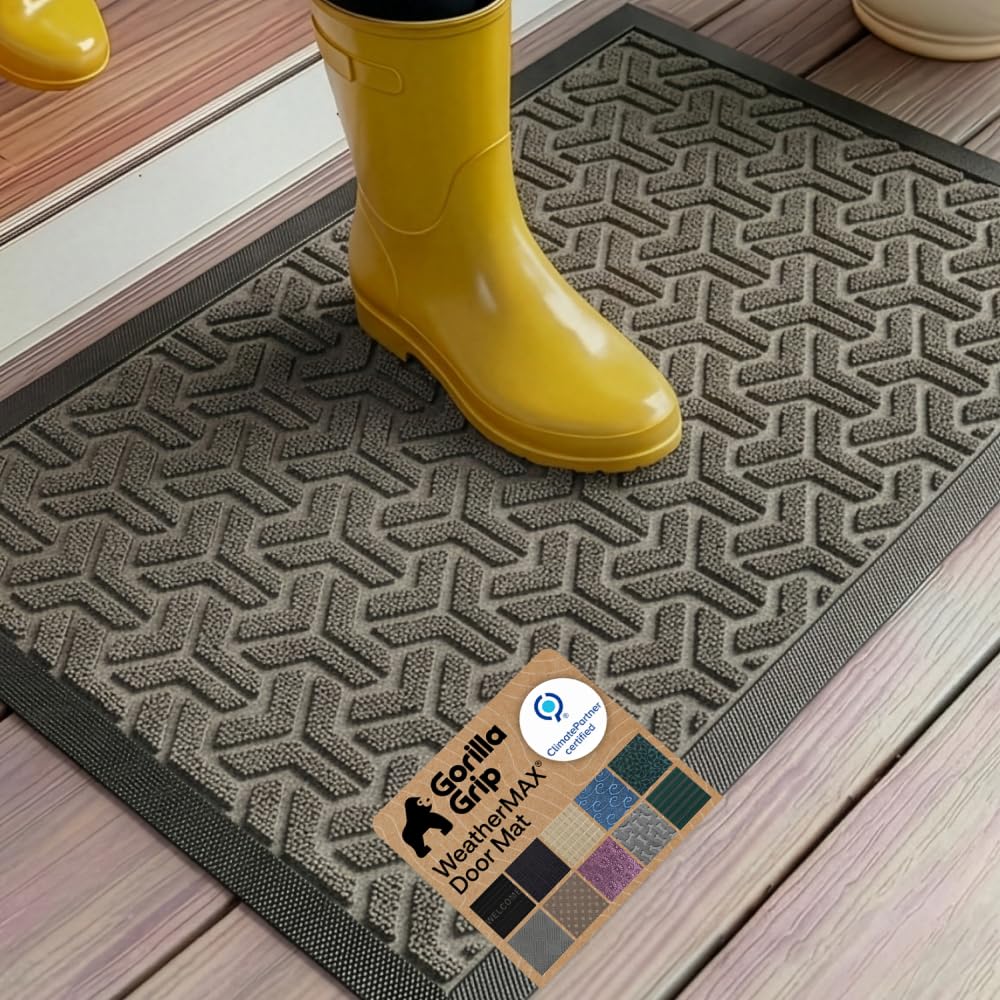 GORILLA GRIP 100% Waterproof All-Season WeatherMAX Doormat 35x23, US Designed Natural Rubber, Stain and Fade Resistant, Low Profile Indoor Outdoor Door Mats, Easy Clean Patio Mat, Slate Geometric