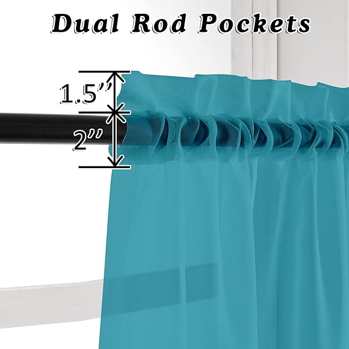 OVZME 2 Panels Turquoise Semi Sheer Valance - Short Curtain Valances for Windows, Basement, Kitchen with Dual Rod Pocket (42 by 14 Inches Long)
